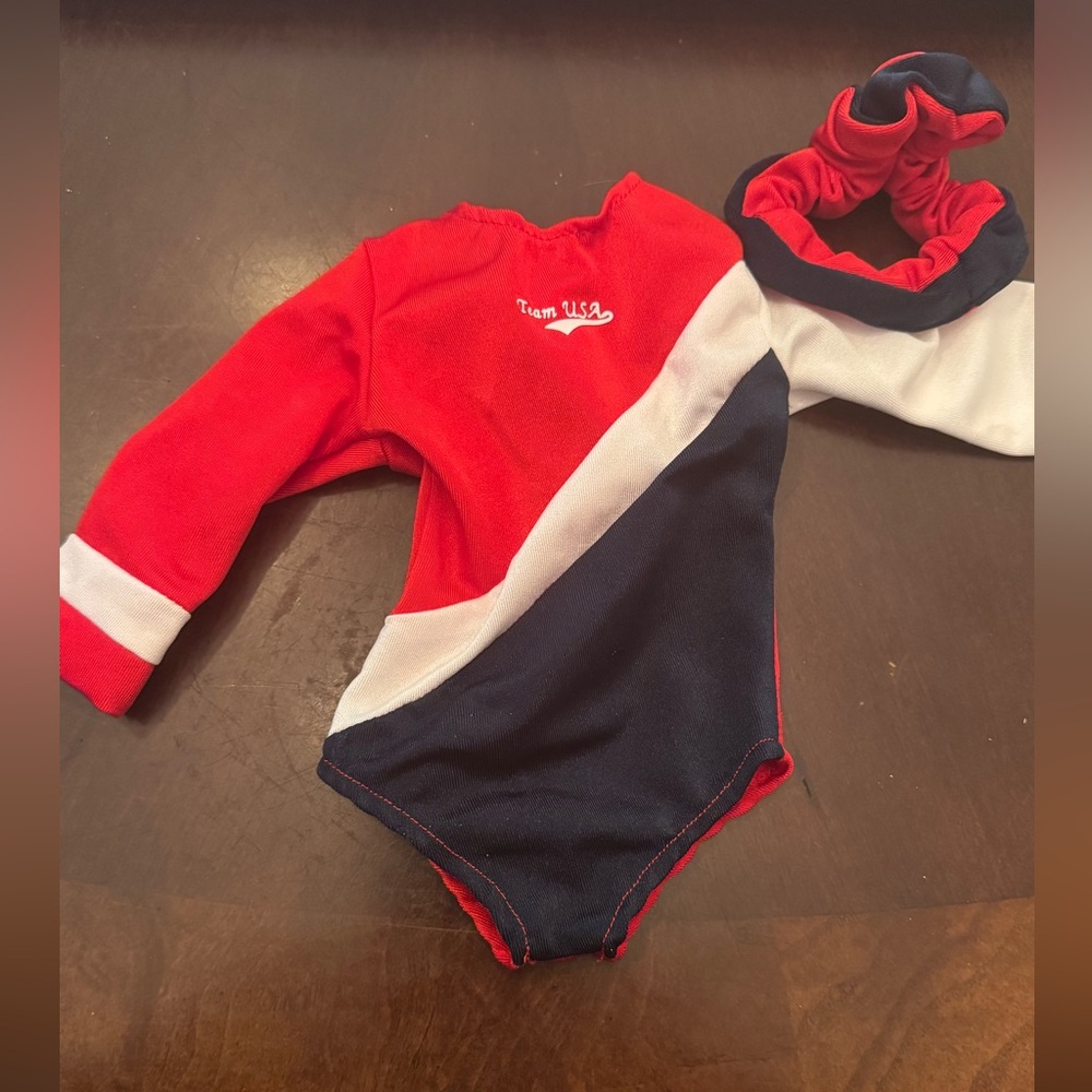 Doll size Team usa gymnastics leotard and hair tie